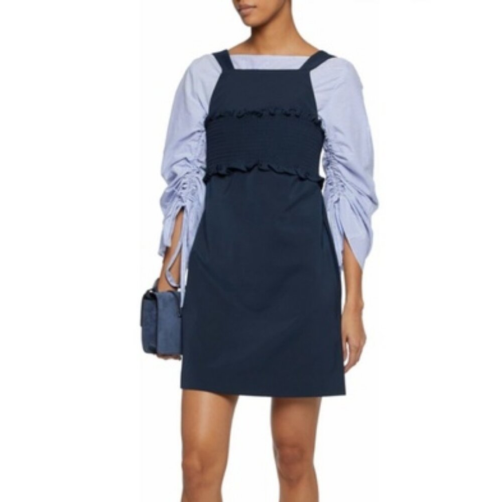 Anthropologie Tibi Ruffle Trimmed Cady Mini Dress Ruched Corset Pinafore Pockets - Picture 6 of 13
